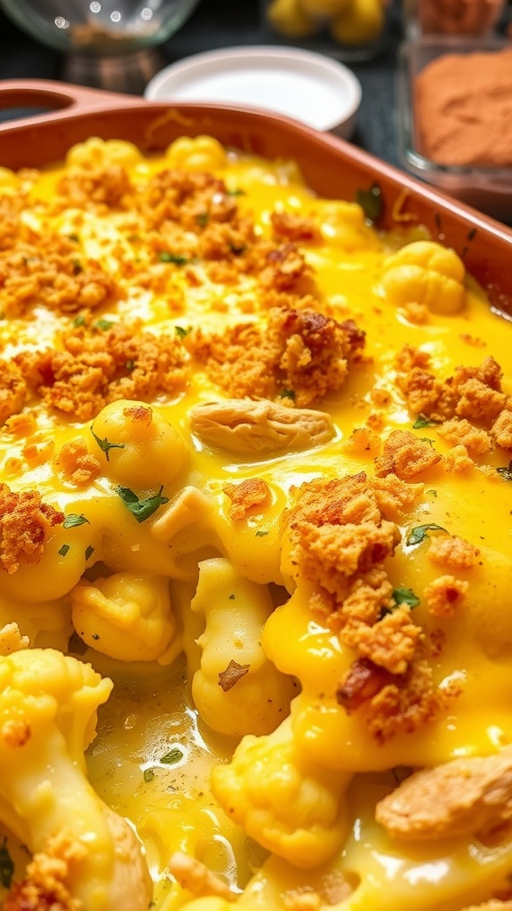 Cheesy Chicken and Cauliflower Bake Recipe Cheesy chicken and cauliflower bake in a rustic dish, golden brown with bubbling cheese, served in a cozy kitchen.